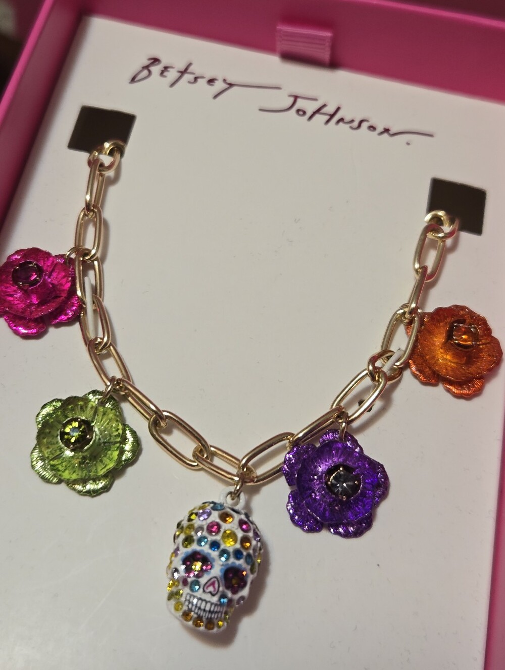 Betsey Johnson Multicolor Floral & Skull Charm Chain Necklace New In Box